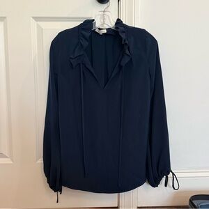 Ann Mashburn tie neck Navy Ruffle silk Blouse
